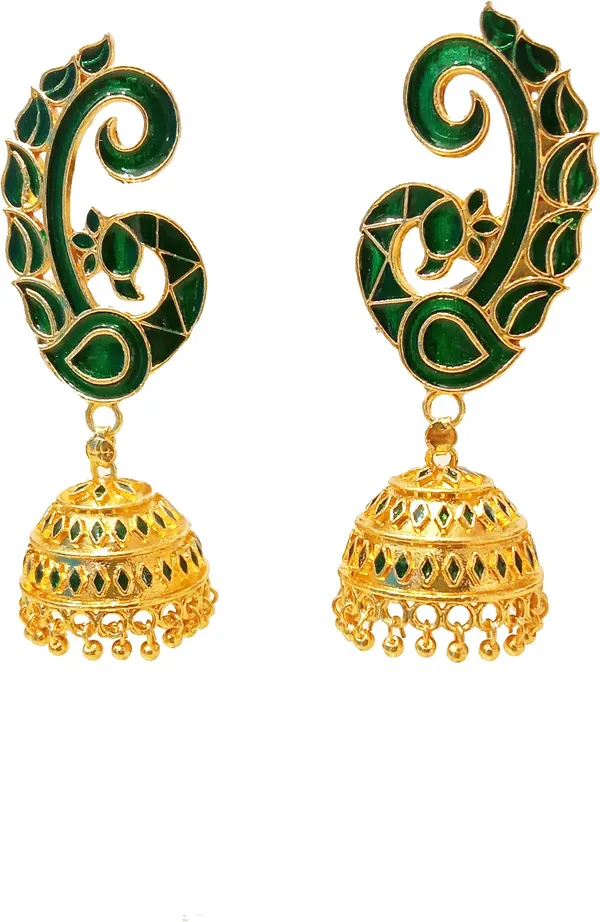 Assamese_Traditional_Copper_Gold_Plated_Green_Colour_Jhumka_Earring_For_Girls_&_Women